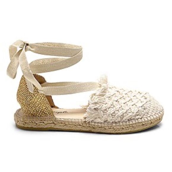 Free People Vida Espadrille Wrap Cream Crochet Gold Beaded Heel 7, NIB - Picture 1 of 7